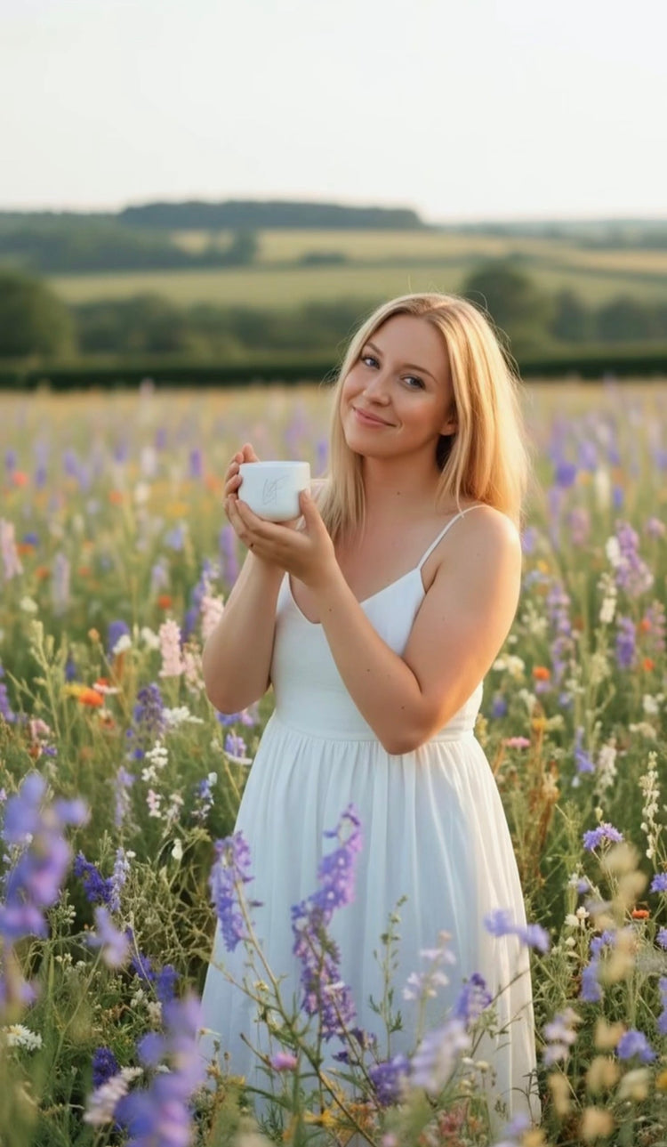 Woman Debora in a white dress holding a zen candle cup in a field of flowers