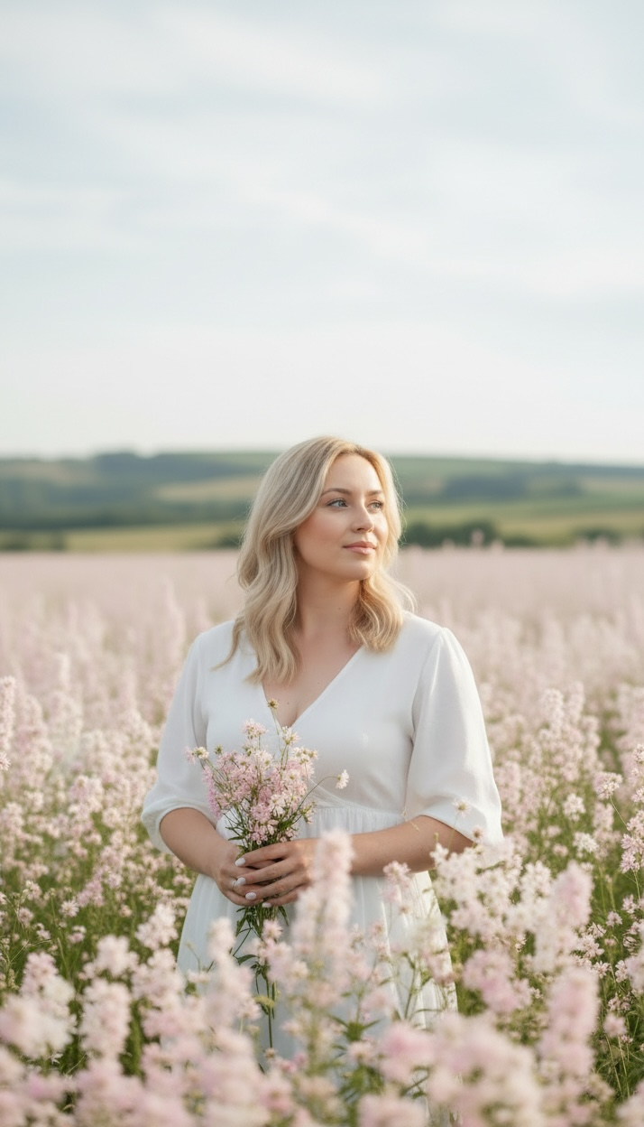 Woman in a white dress standing in a field of pink flowers with a blurred background