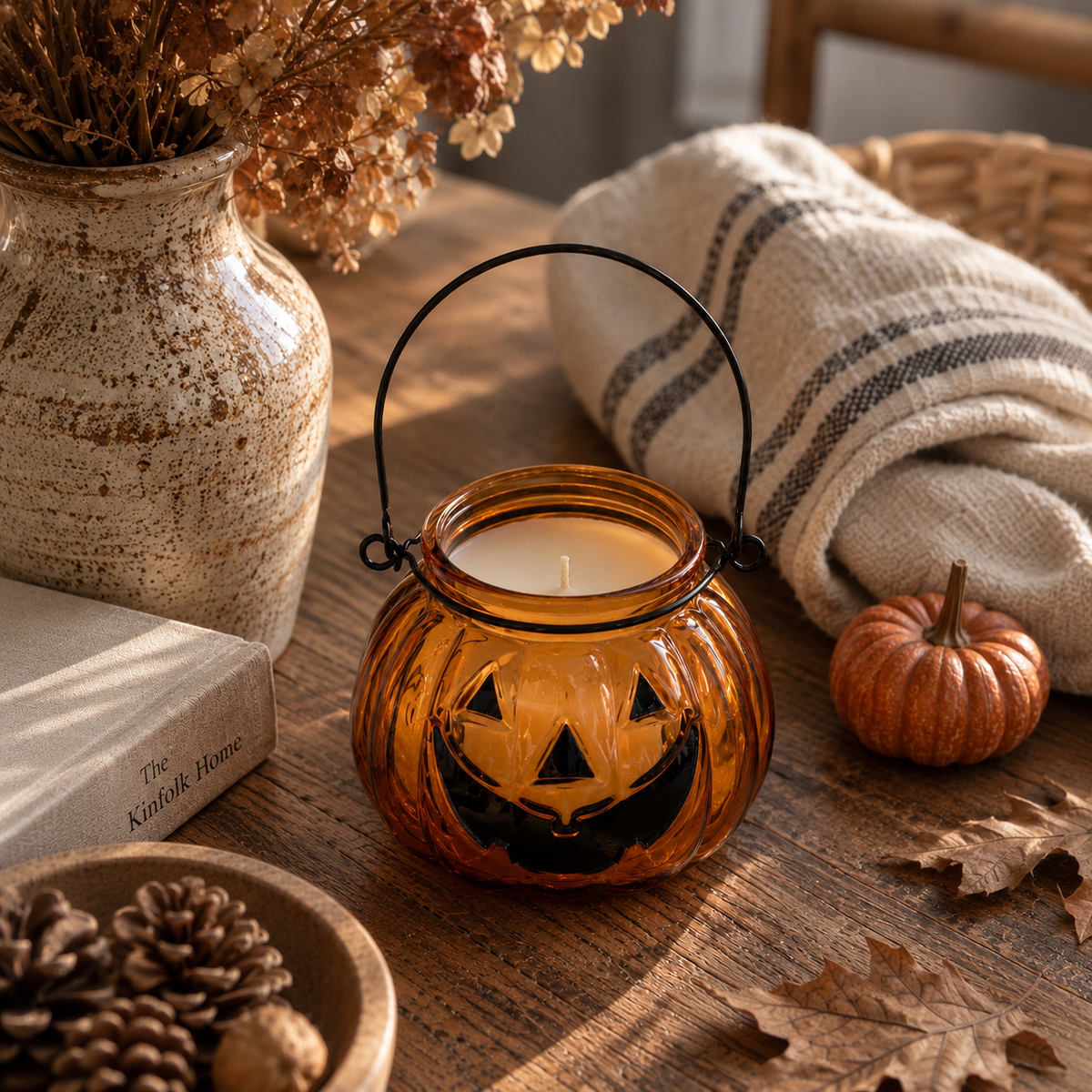An amber glass jack-o'-lantern candle holder with a black metal handle, filled with a white candle, styled on a rustic wooden table with dried leaves, a small pumpkin, a striped throw blanket, and a ceramic vase.  Leaf and Frosty